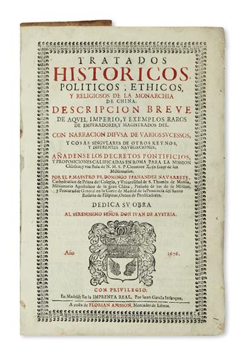 TRAVEL  FERNÁNDEZ DE NAVARRETE, DOMINGO. Tratados Históricos, Políticos, Éthicos, y Religiosos de la Monarchía de China.  1676